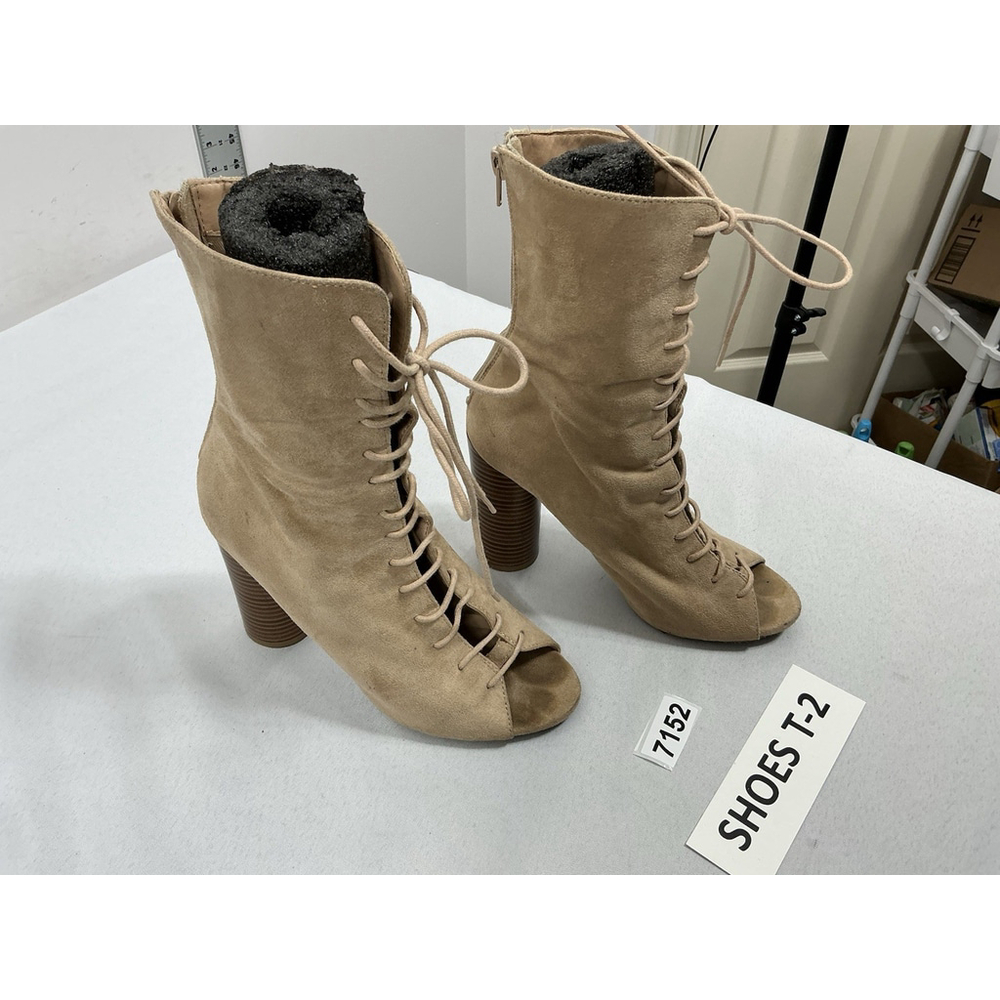 Womans Wild Diva Midcalf Boots 7 Tan Block Heel Peep Toe